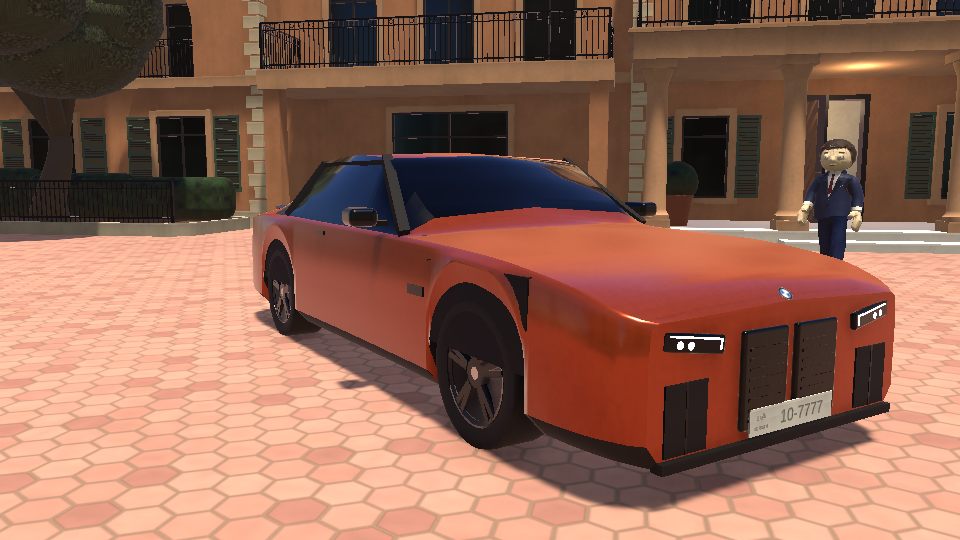 Opening cutscene: a copper-orange BMW on salmon hexagon paving in front of a terracotta villa, the main character in a dark suit beside it