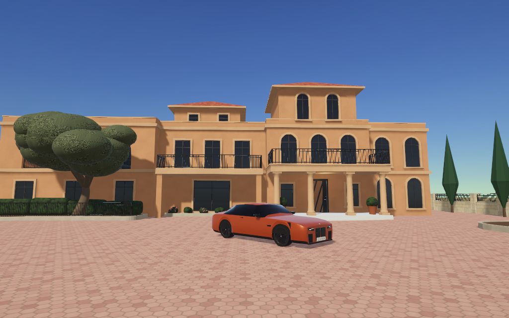 A terracotta villa with arched windows, an umbrella pine and cypresses, the orange BMW on salmon paving