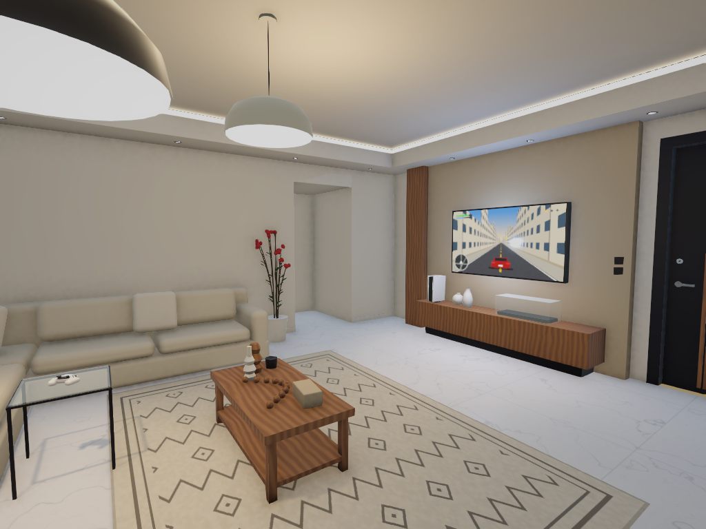 A luxurious living room with a glass wall opening onto a garden