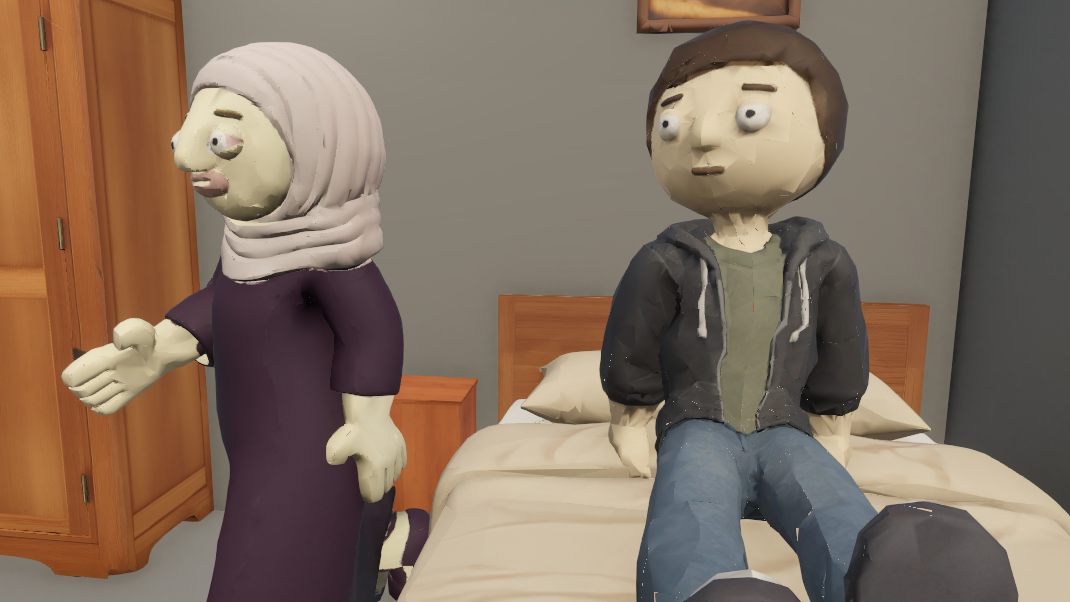 A small bedroom: the mother, in a hijab, wakes her son, who sits on the bed in a hoodie
