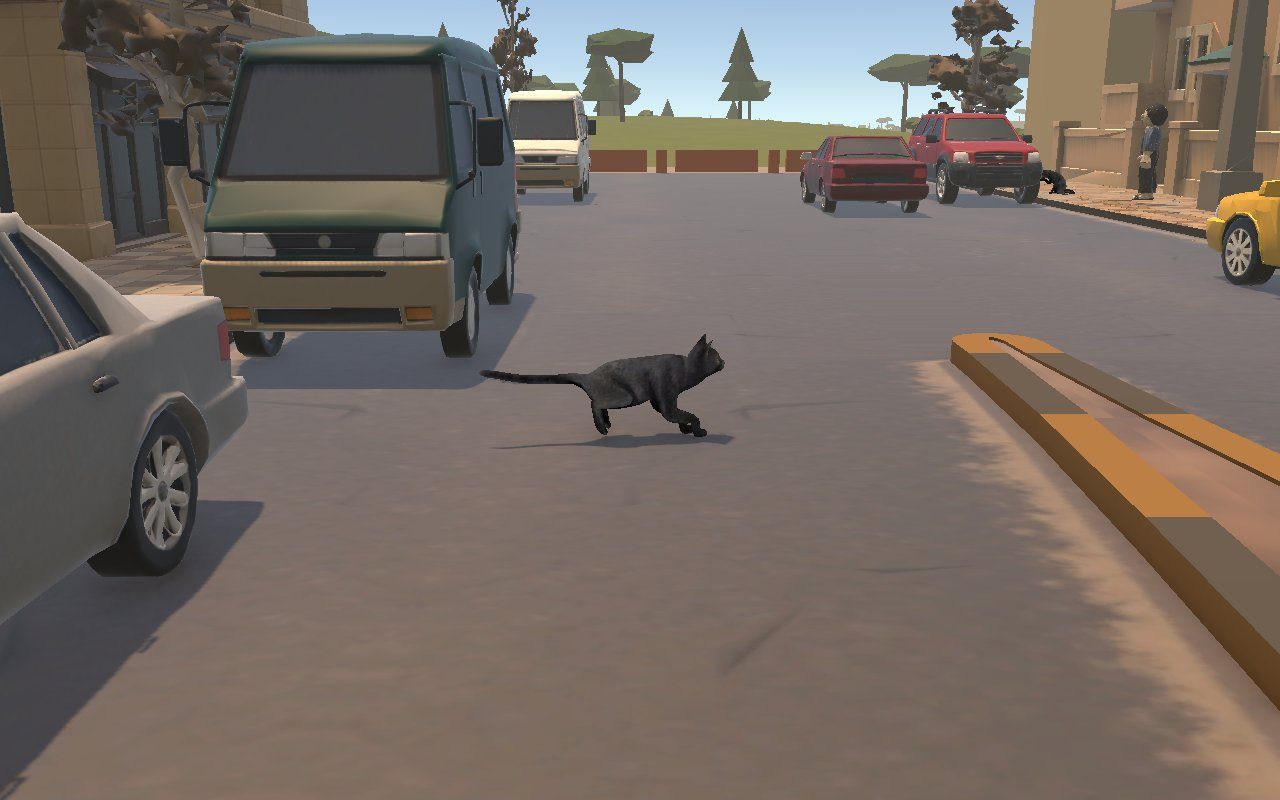 A black street cat running across the road between vans and parked cars