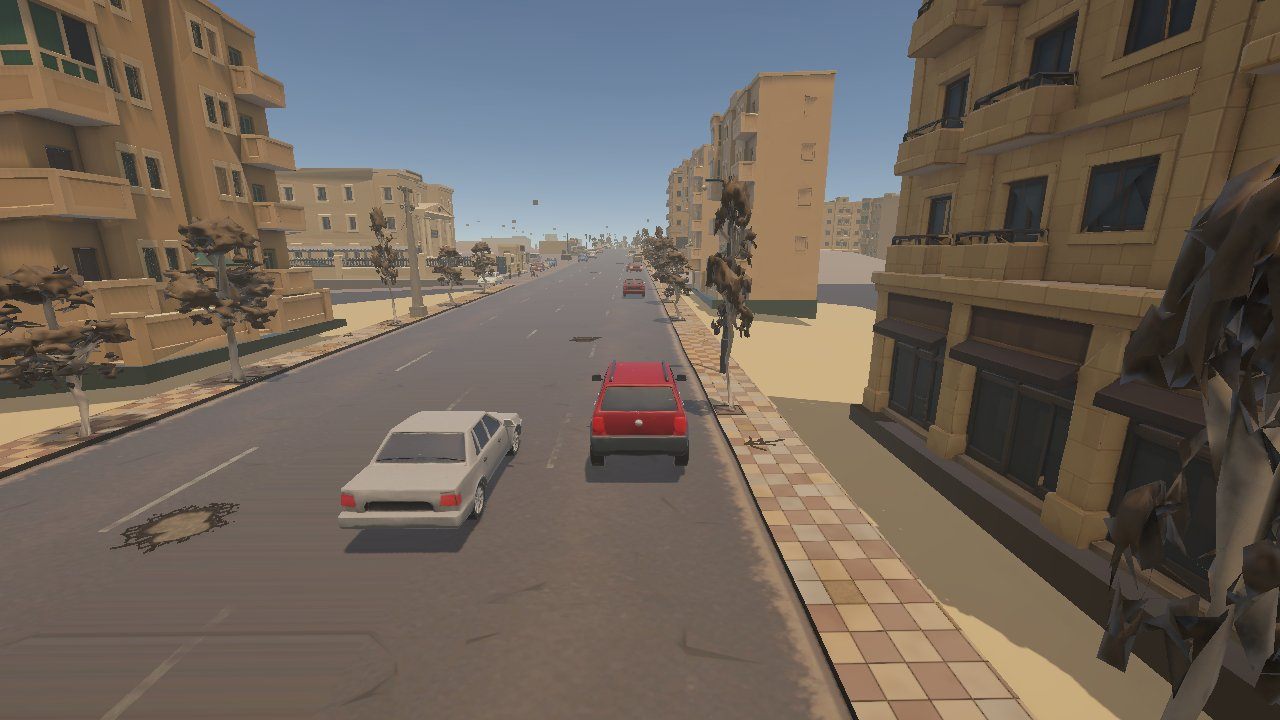 A red SUV driving beside a white sedan on a long boulevard lined with limestone buildings