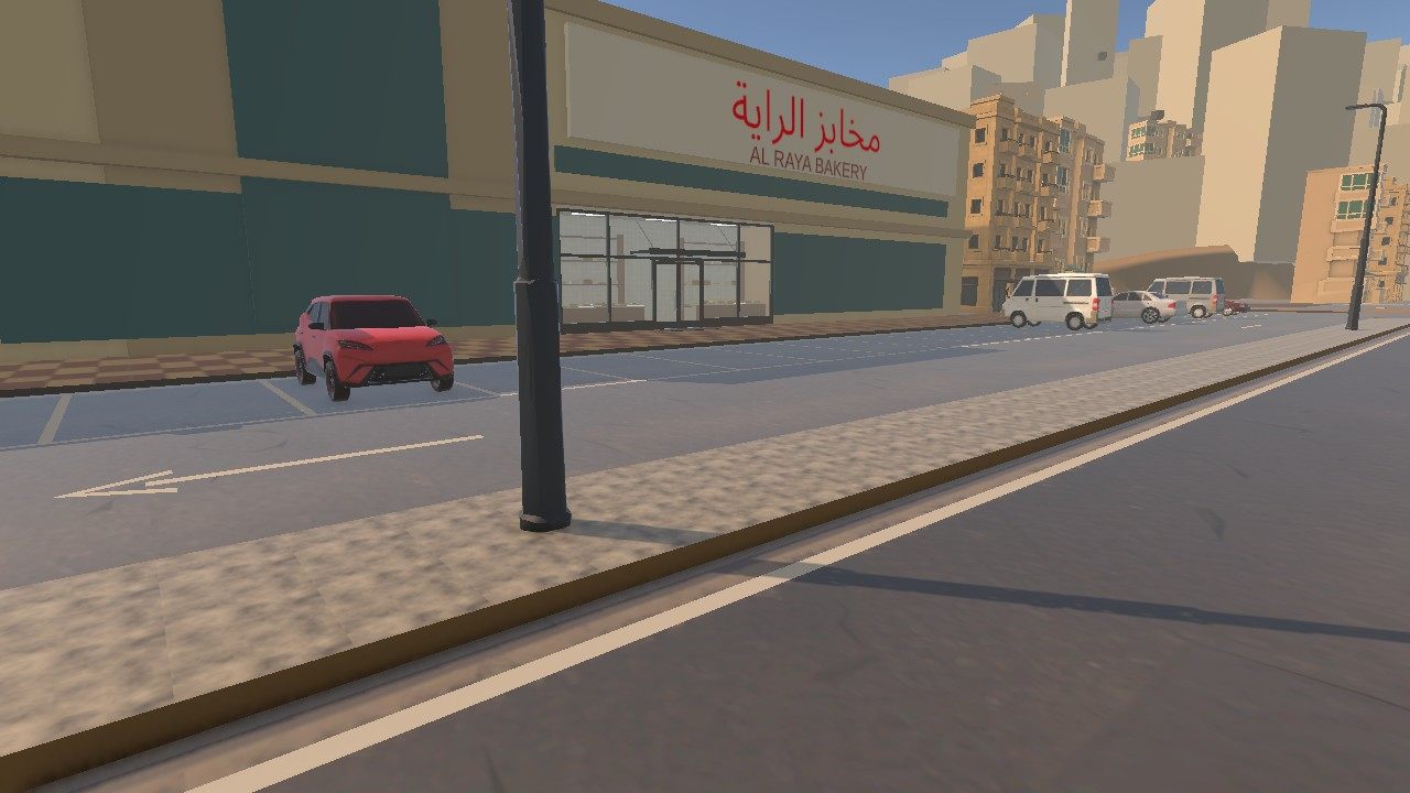 The storefront of Al Raya Bakery with its Arabic and English sign, a red car parked in front and apartment blocks beyond