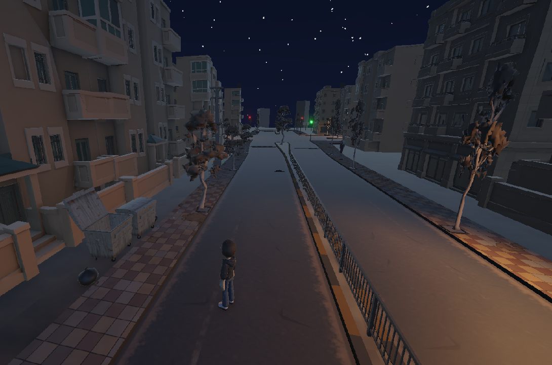 A residential street at night under a starry sky, apartment blocks on both sides and the main character standing in the road