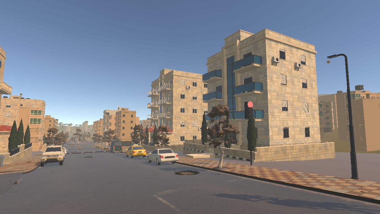 A wide street of limestone apartment blocks with blue glass stairwells, cypress trees, a yellow taxi and parked cars under a clear sky