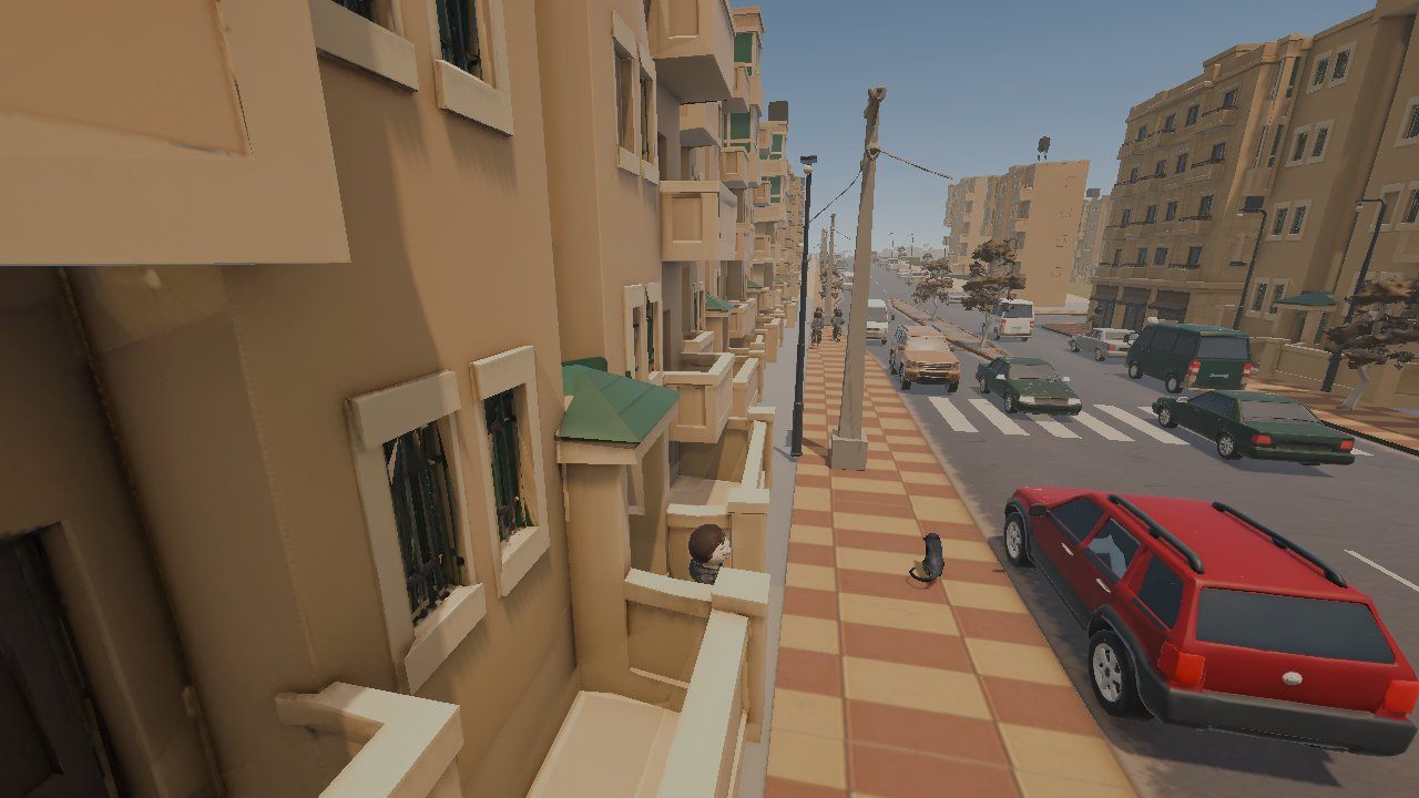 Looking down a residential street from a balcony: sandy apartment blocks with green awnings, a chequered pavement with a street cat, a red SUV and traffic at a crossing