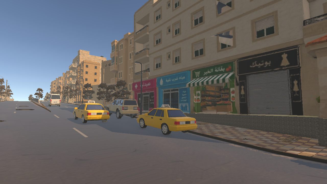Two yellow taxis on a sunny street in front of shops with Arabic signs: a pharmacy, a drinking-water shop, a grocery and a boutique