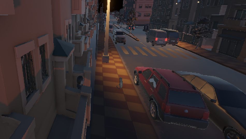 Evening on a residential street: a glowing streetlamp over a chequered pavement, a cat on the kerb, parked cars and pink-lit apartment blocks