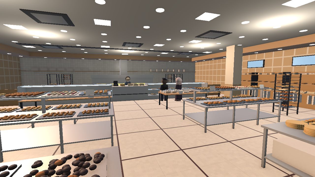 Inside a bright bakery: trays of bread, the baker behind the counter and two customers