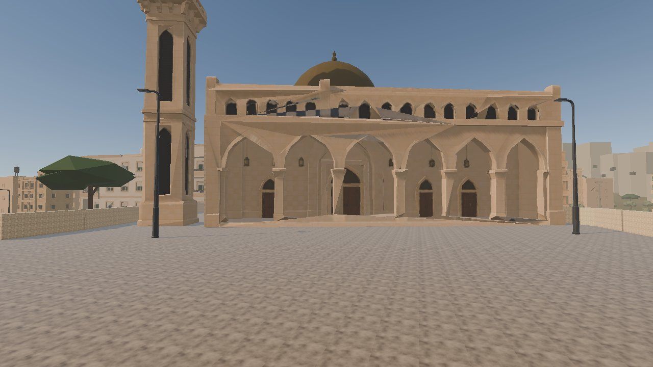 A limestone mosque with a minaret, a golden dome and a pointed arcade facing a paved forecourt